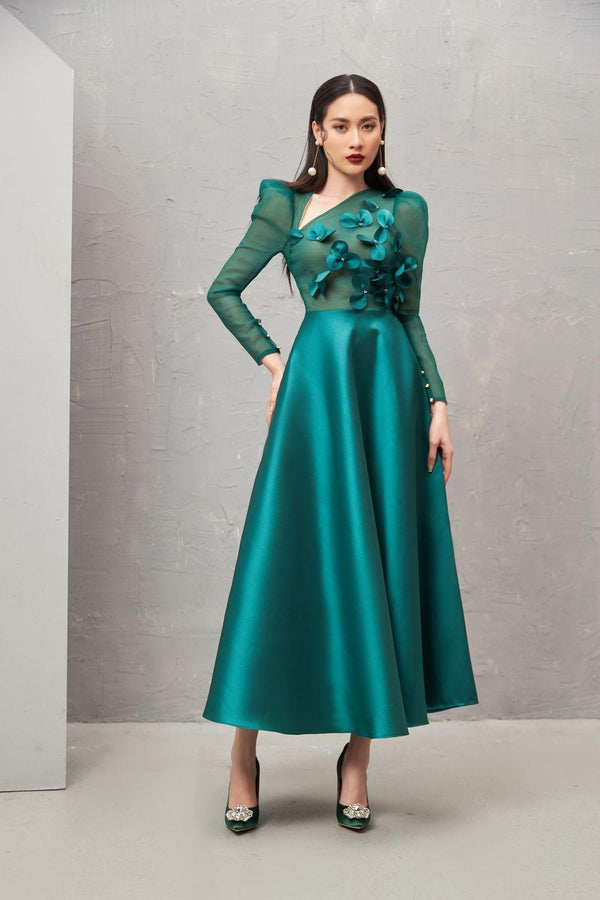 Adelaide Fit and Flare Long Sleeved Taffeta Midi Dress 1