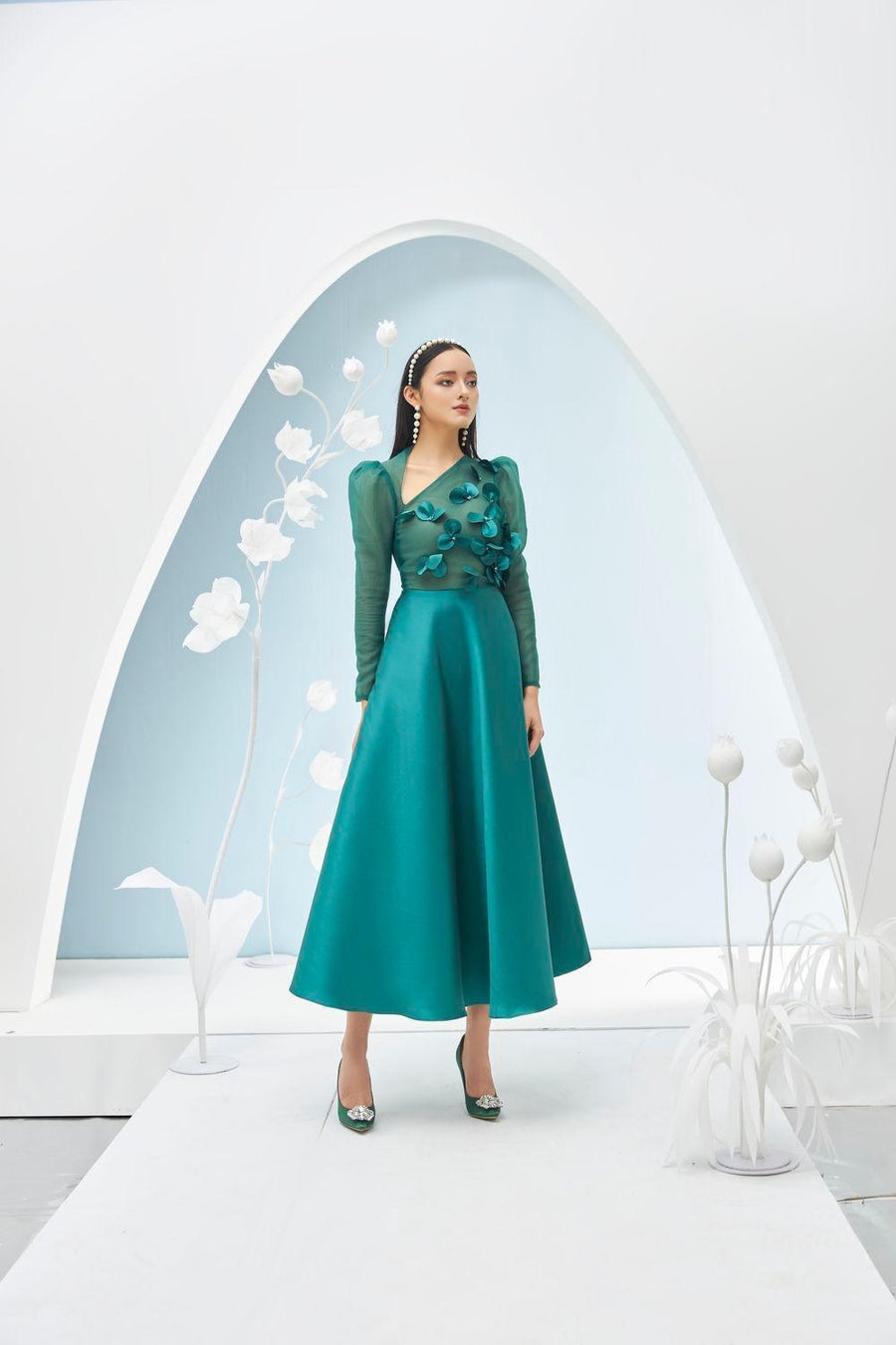 Adelaide Fit and Flare Long Sleeved Taffeta Midi Dress 10