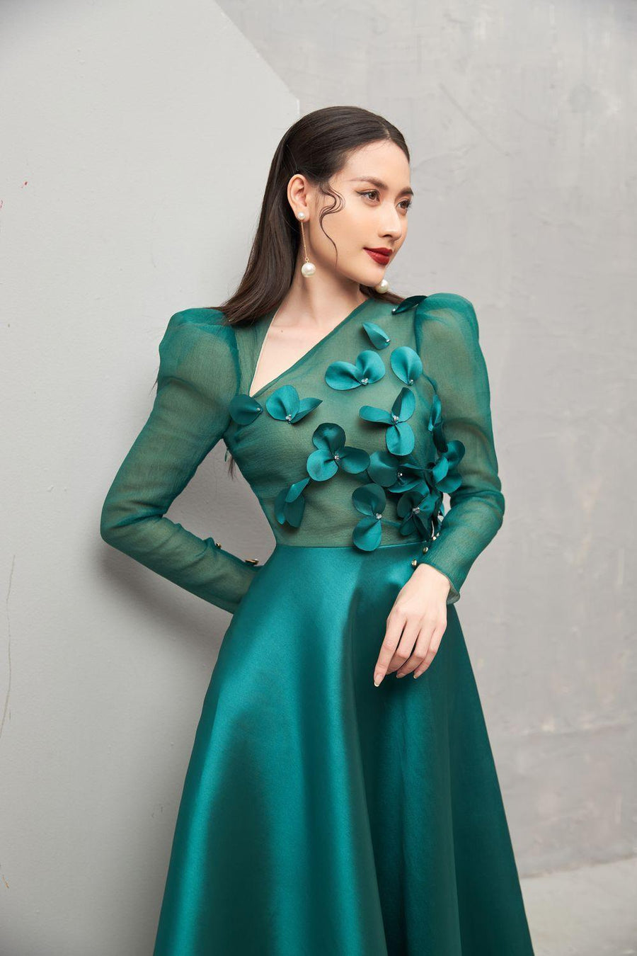 Adelaide Fit and Flare Long Sleeved Taffeta Midi Dress 2