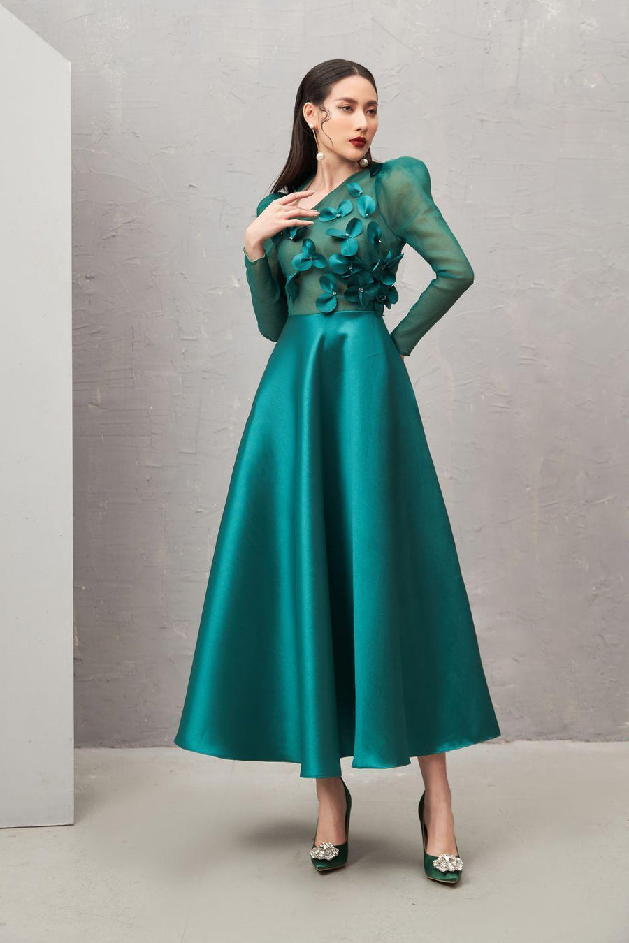 Adelaide Fit and Flare Long Sleeved Taffeta Midi Dress 4