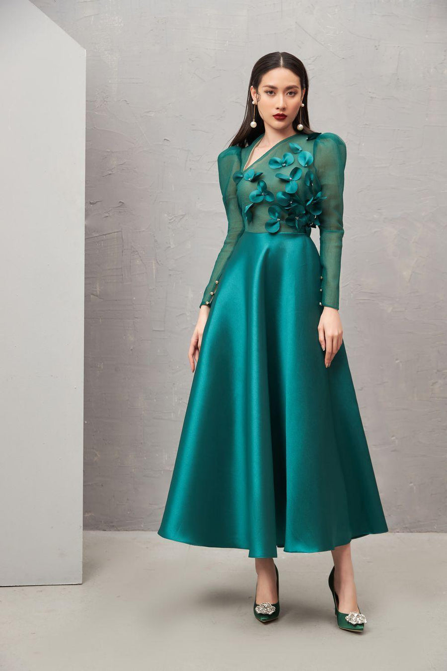 Adelaide Fit and Flare Long Sleeved Taffeta Midi Dress 5
