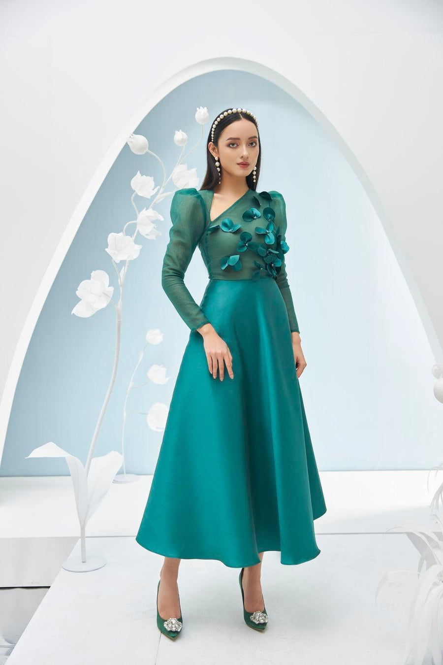 Adelaide Fit and Flare Long Sleeved Taffeta Midi Dress 6