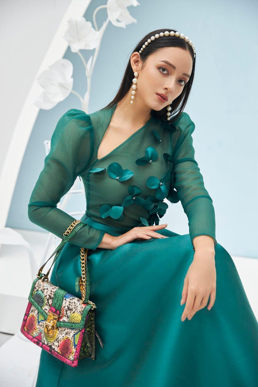 Adelaide Fit and Flare Long Sleeved Taffeta Midi Dress 7