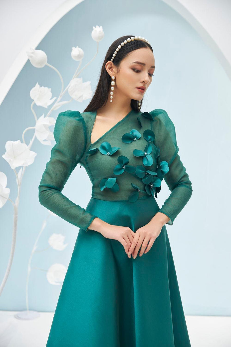 Adelaide Fit and Flare Long Sleeved Taffeta Midi Dress 8