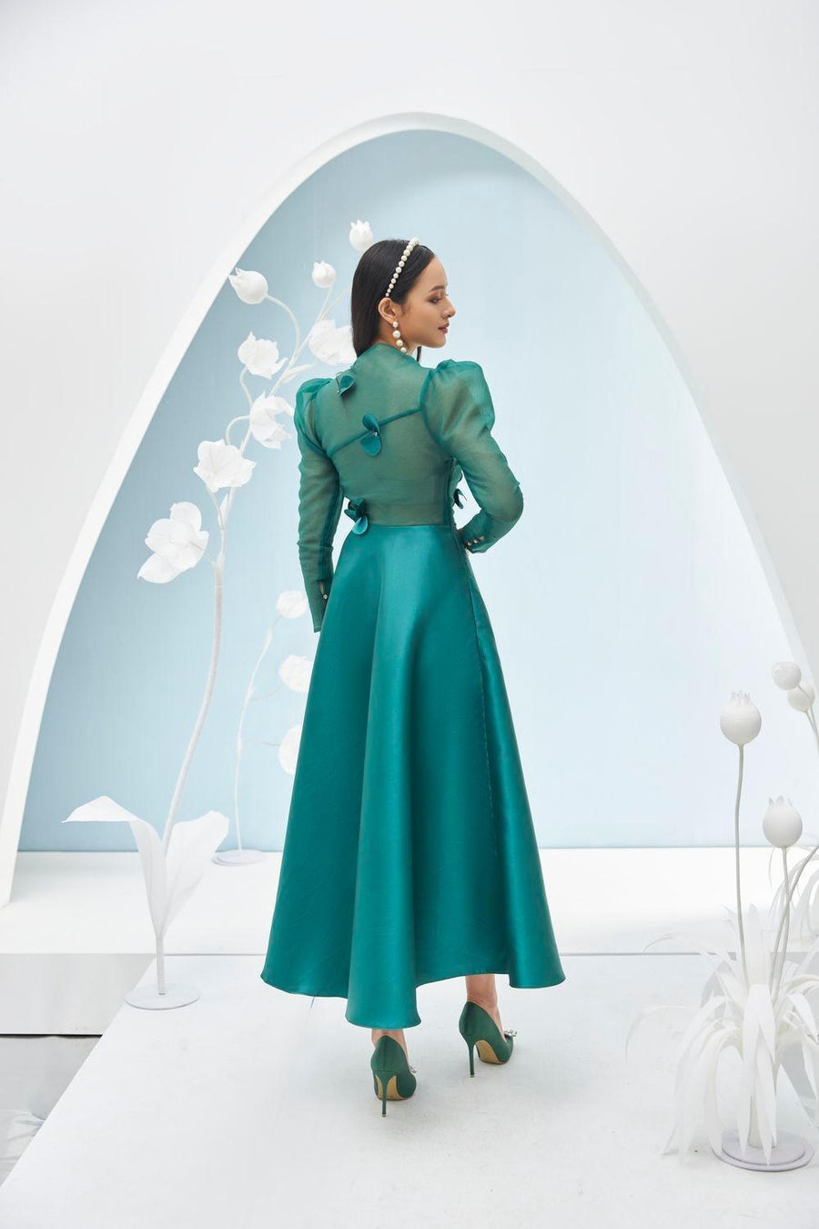 Adelaide Fit and Flare Long Sleeved Taffeta Midi Dress 9