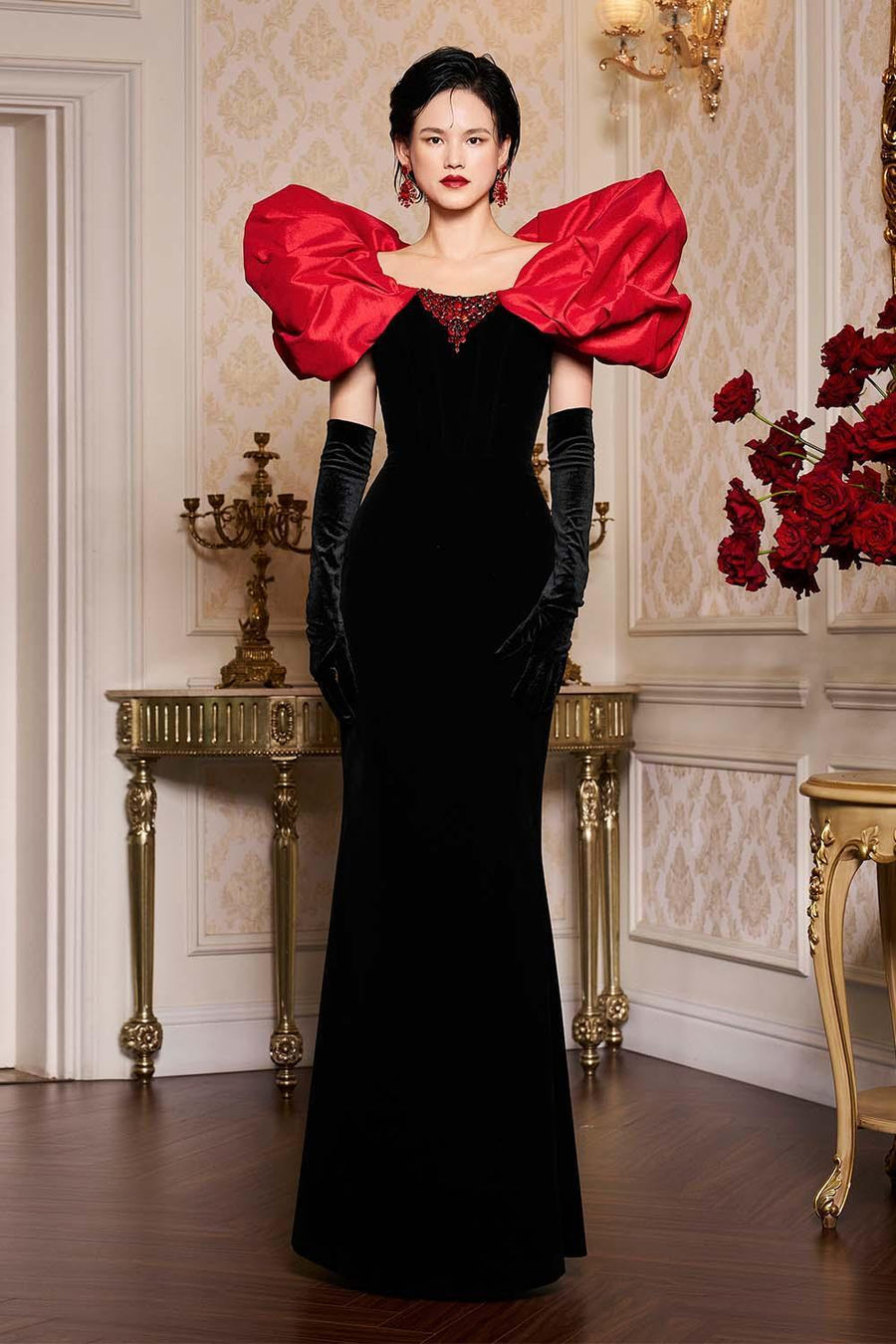 Adelyn Mermaid Puffy Sleeved Velvet Floor Length Dress Gown Dress I.H.F Atelier