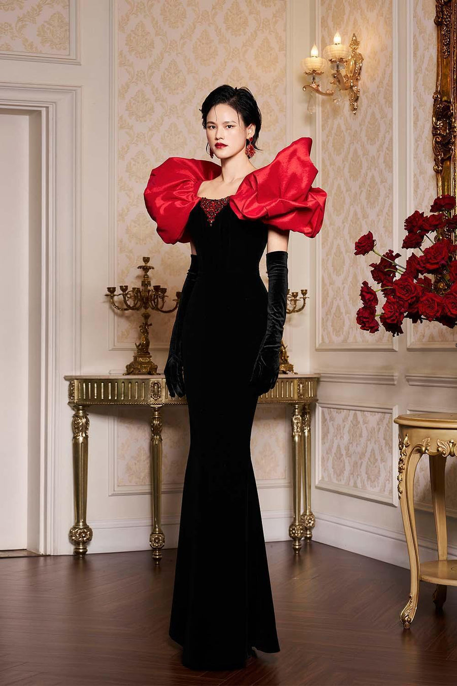 Adelyn Mermaid Puffy Sleeved Velvet Floor Length Dress Gown Dress I.H.F Atelier