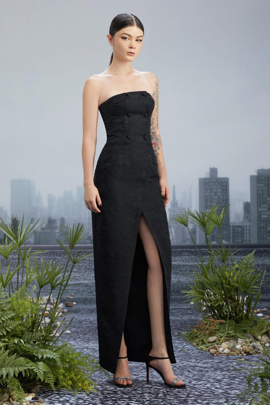 Aerith Slit Straight Across Neck Brocade Floor Length Dress 1