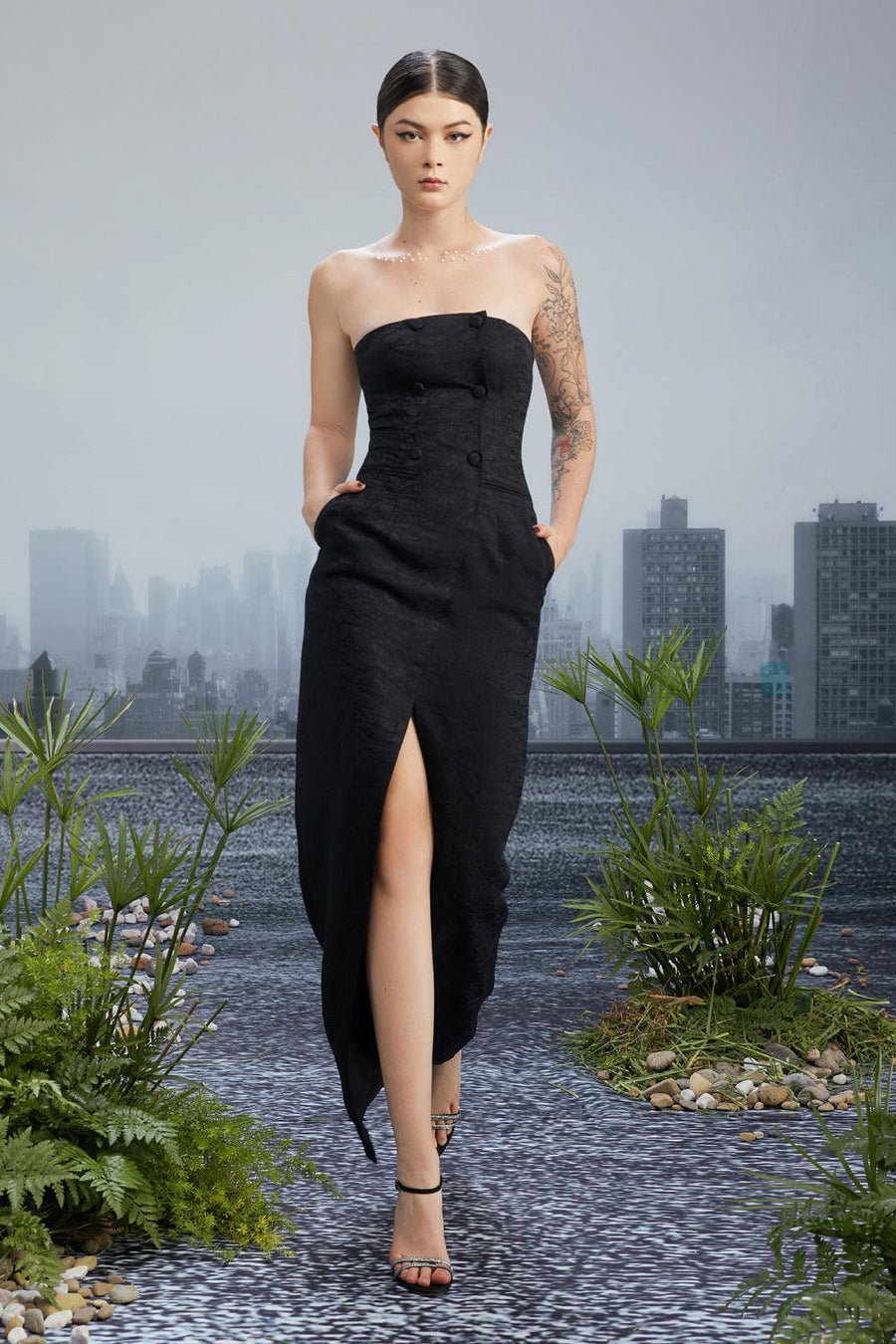 Aerith Slit Straight Across Neck Brocade Floor Length Dress 3