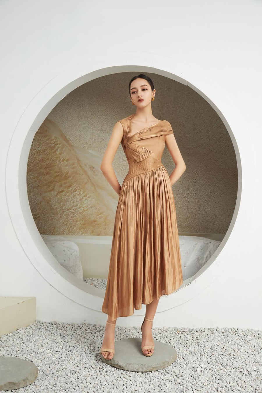 Aggie Pleated Asymmetric Silk Midi Dress 1