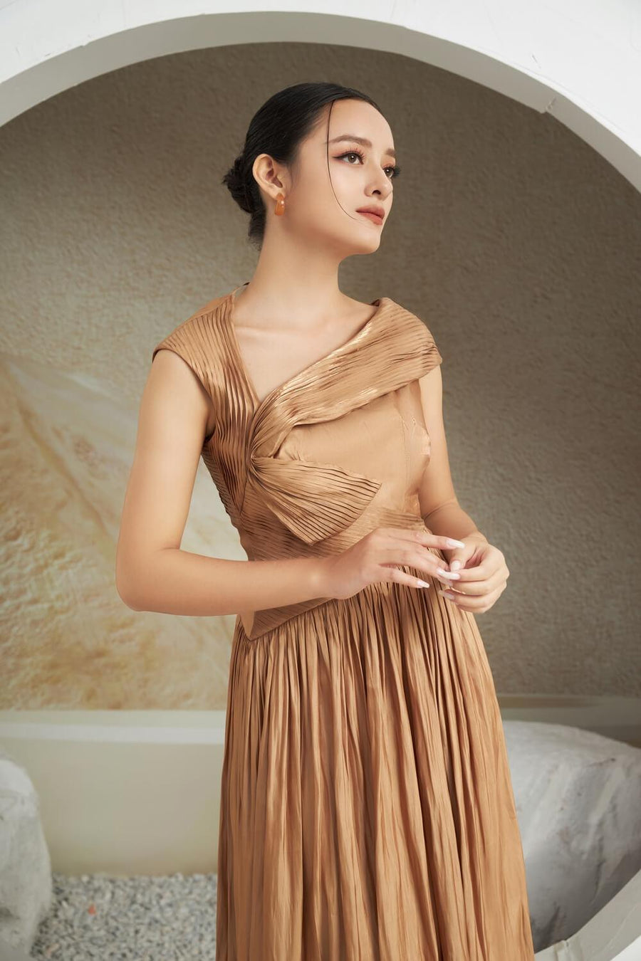 Aggie Pleated Asymmetric Silk Midi Dress 2
