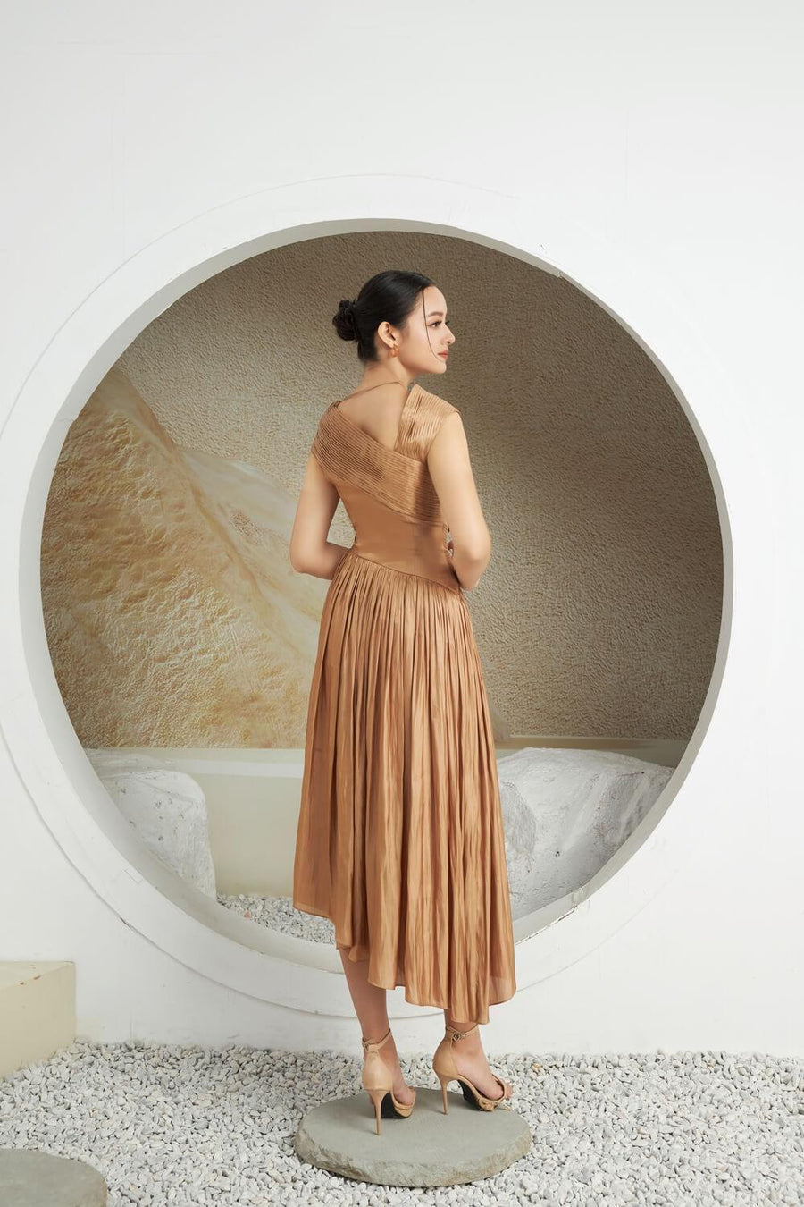 Aggie Pleated Asymmetric Silk Midi Dress 3
