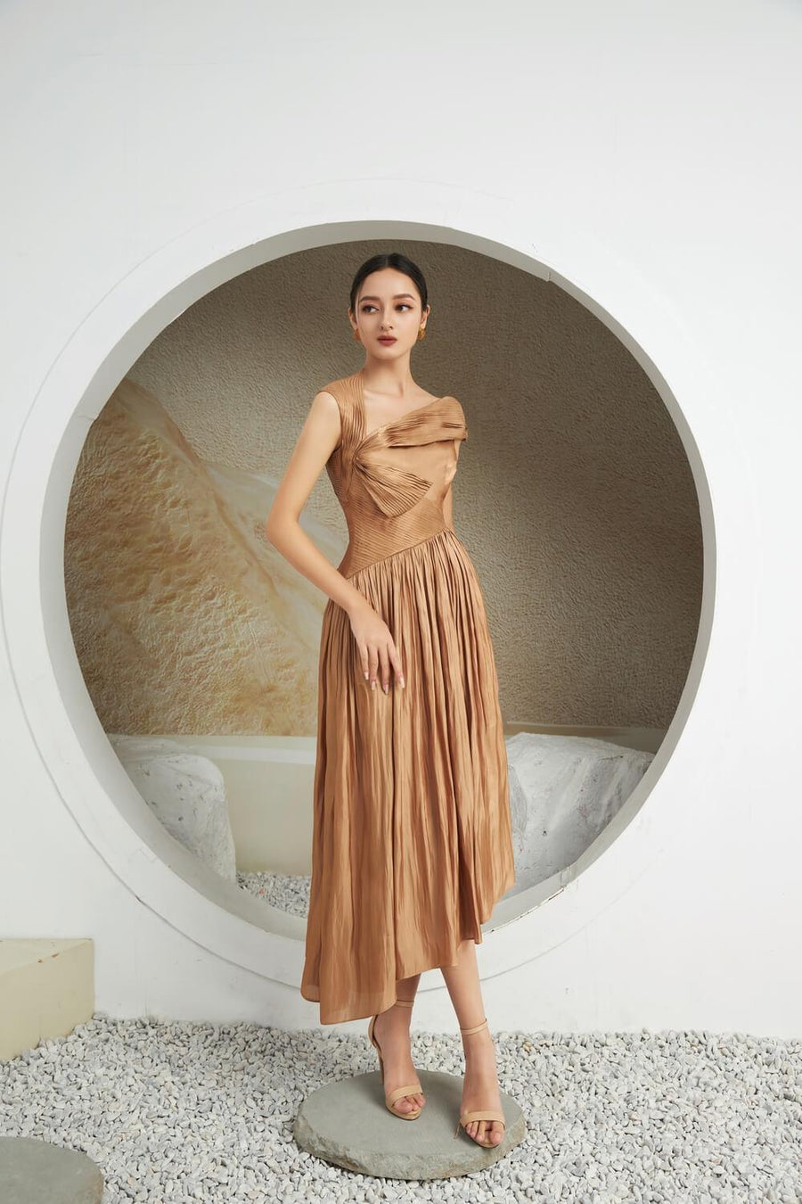 Aggie Pleated Asymmetric Silk Midi Dress 4