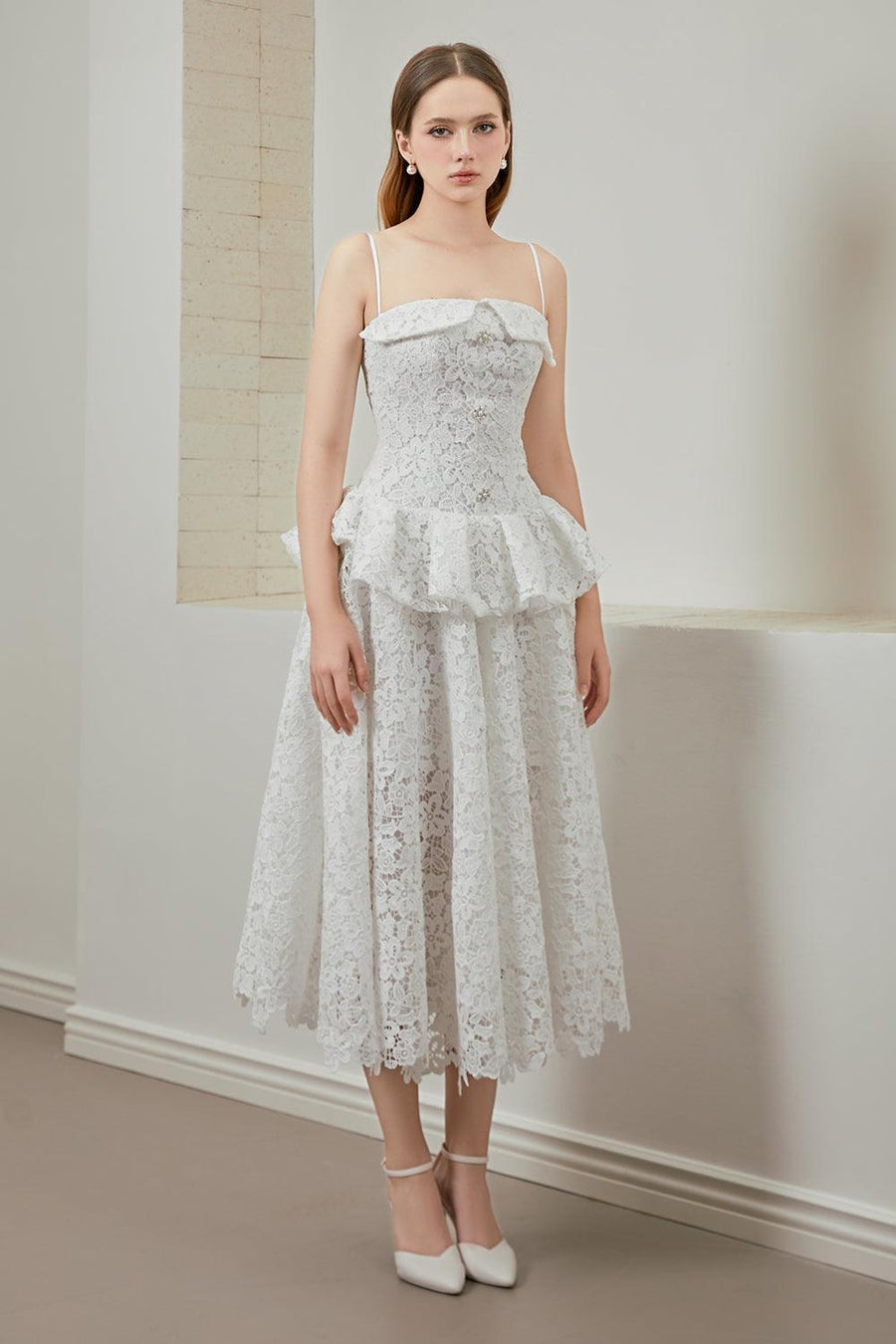 Agua Fit and Flare Spaghetti Strap Lace Midi Dress Midi Dress Darling Diva