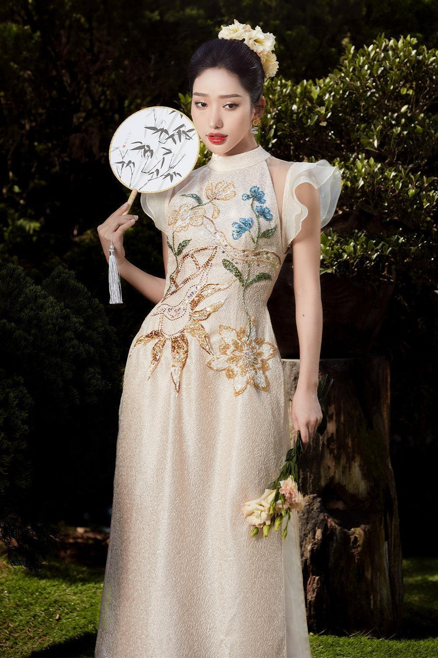 Ai Nhu Sheath Ruffle Sleeved Mesh Taffeta Floor Length Ao Dai Ao Dai Angeletta