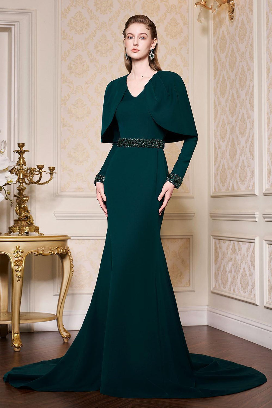 Ailani Mermaid Cape Shoulder Crepe Extra Long Length Dress Gown Dress I.H.F Atelier