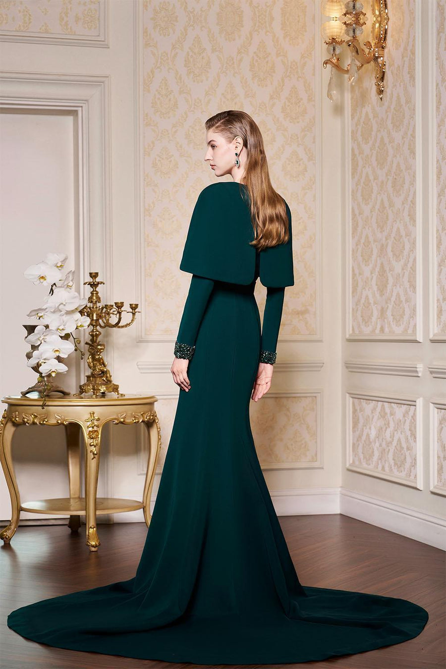 Ailani Mermaid Cape Shoulder Crepe Extra Long Length Dress Gown Dress I.H.F Atelier
