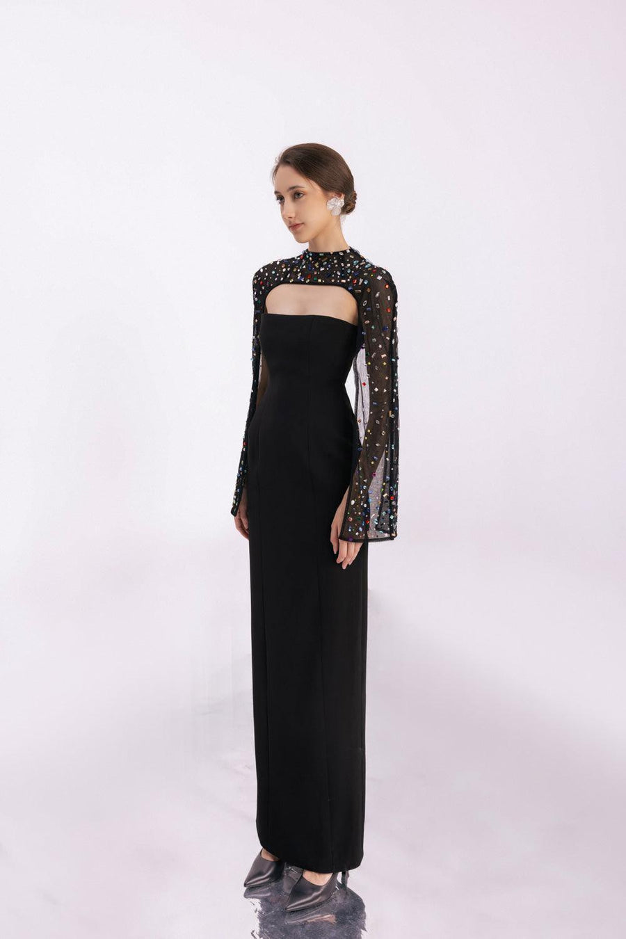 Aislinn Sheath Cape Sleeved Twill Floor Length Set 7