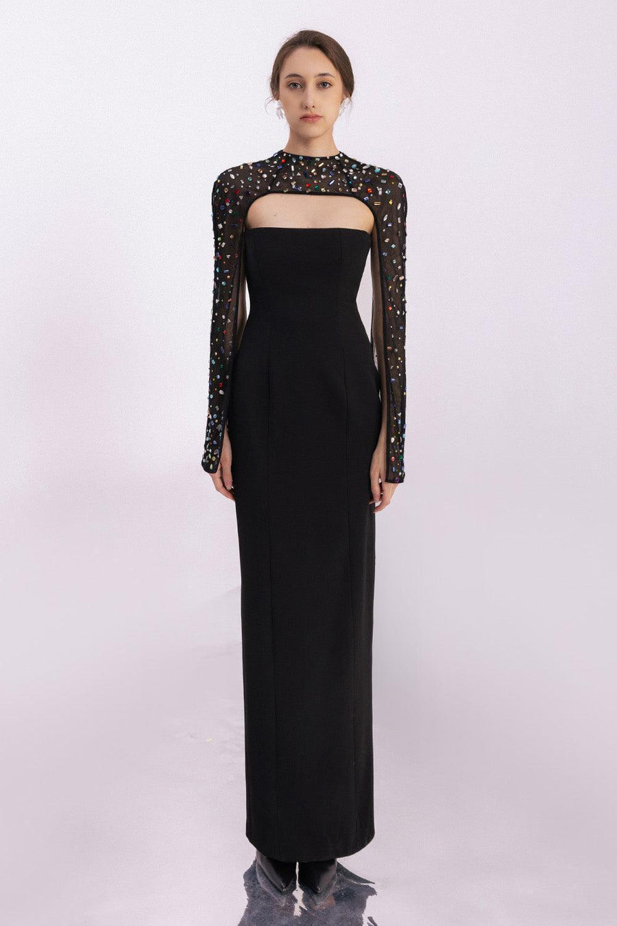 Aislinn Sheath Cape Sleeved Twill Floor Length Set 8