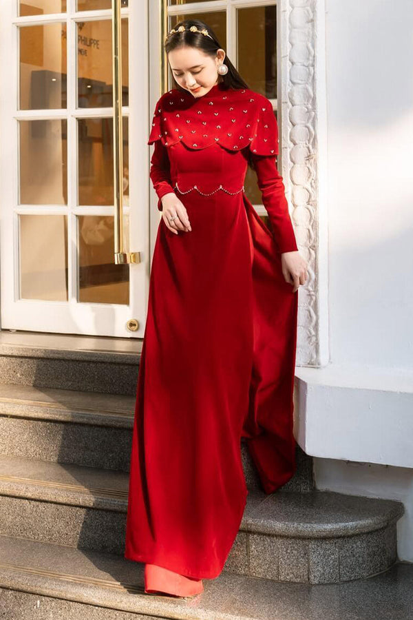 Alaia Fitted Cape Shoulder Velvet Long Length Ao Dai Set 1