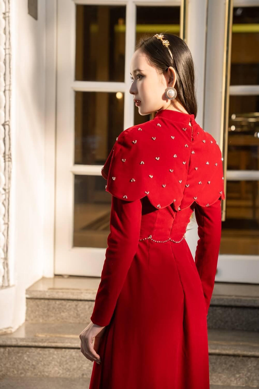 Alaia Fitted Cape Shoulder Velvet Long Length Ao Dai Set 2