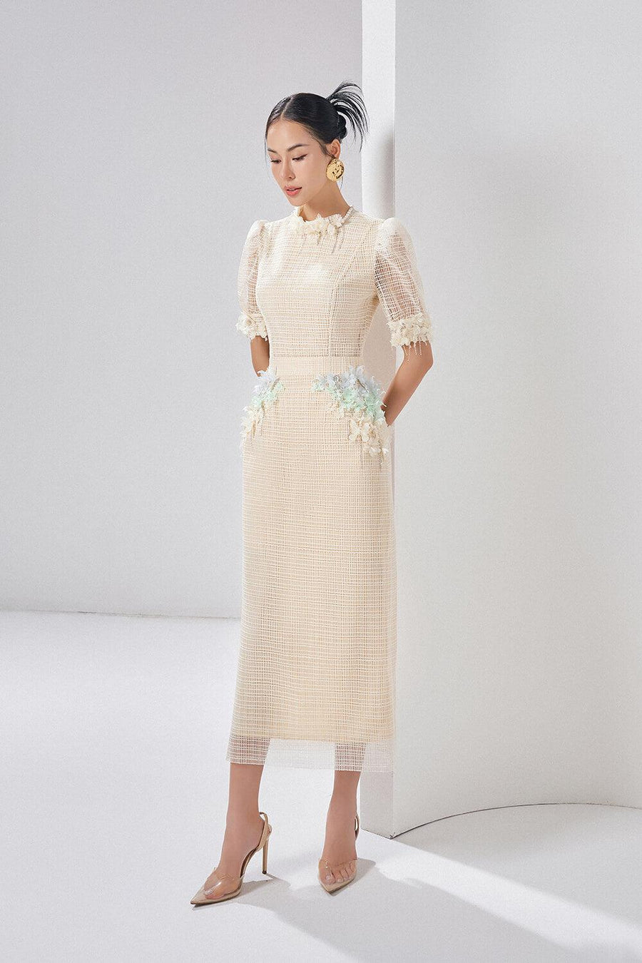 Alaina Straight Short Sleeved Mesh Lace Midi Dress Midi Dress Maison des Copains
