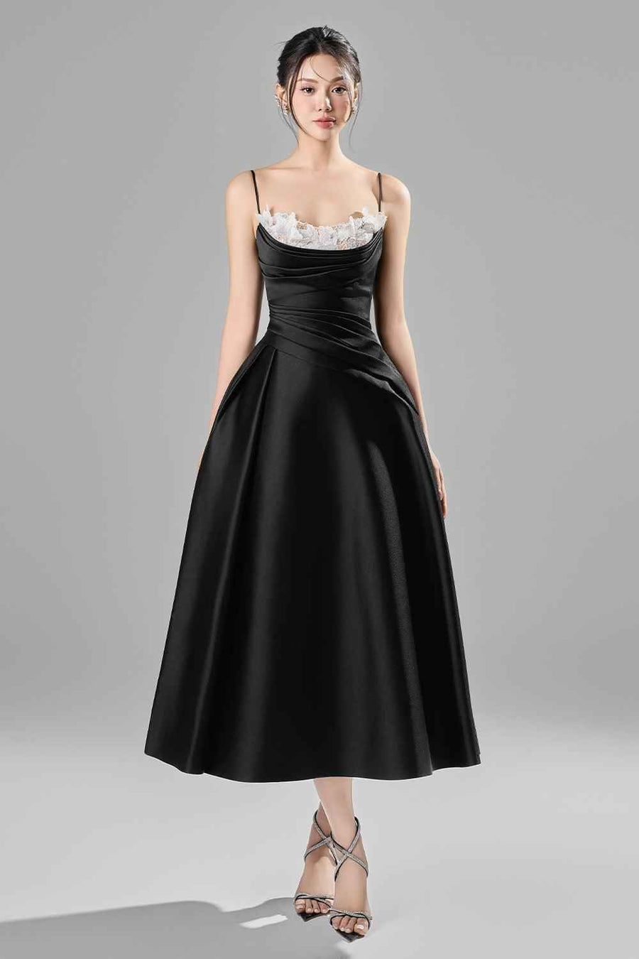 Alessa Fit and Flare Spaghetti Strap Taffeta Midi Dress