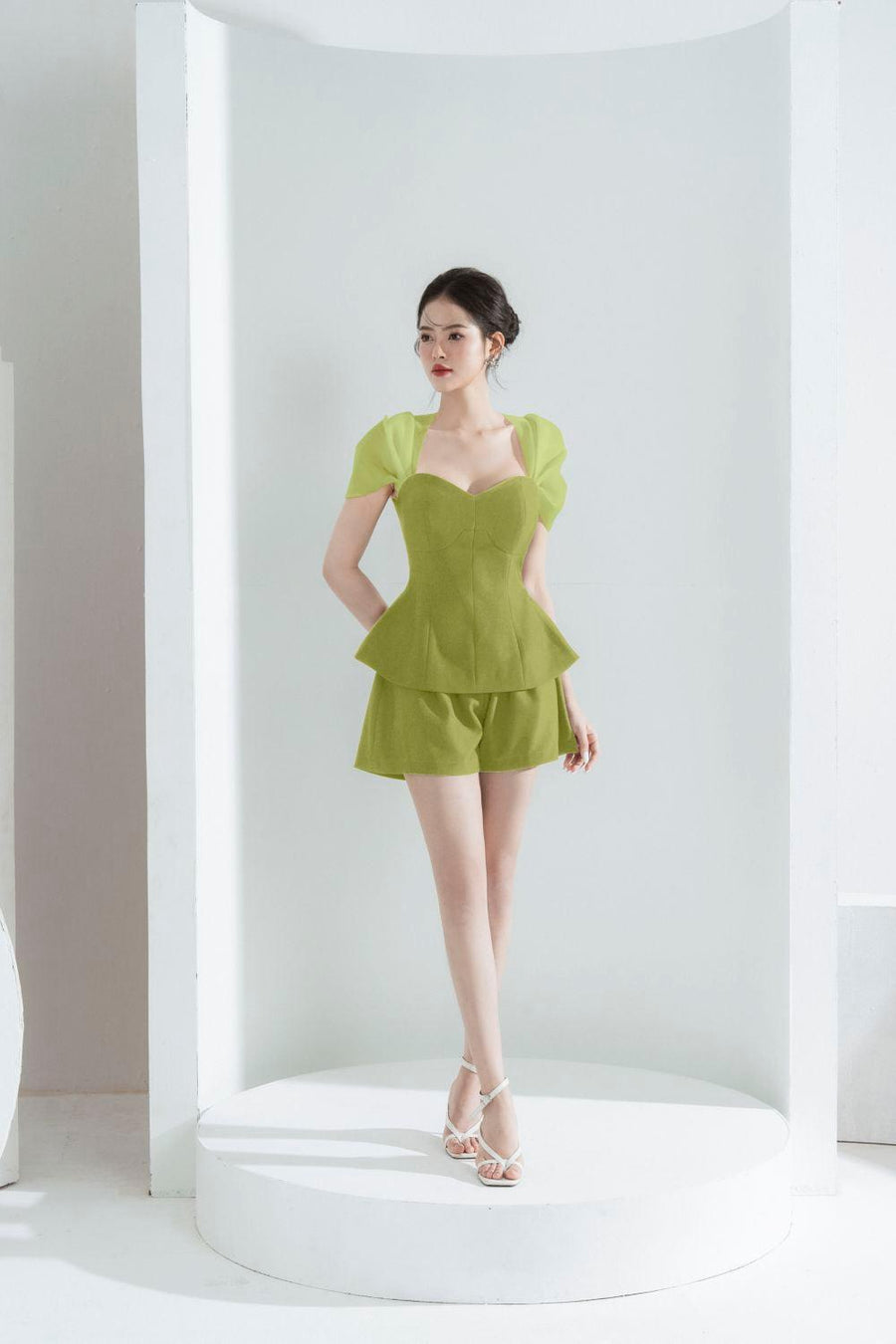 Alice Fit and Flare Queen Anne Neck Polycotton Shirt Green Shirt Cordia