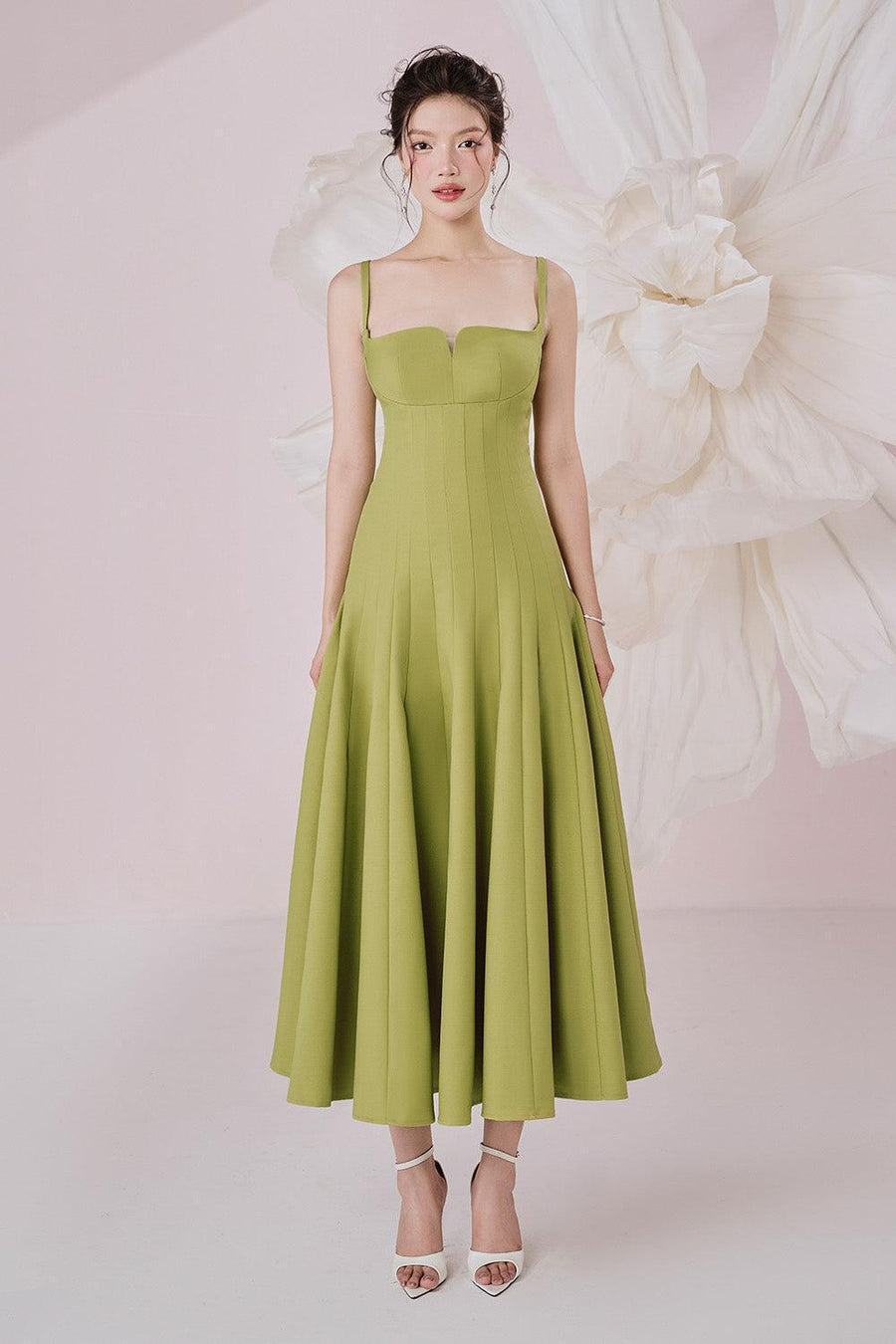 Alora A-line Draped Sandy Crepe Midi Dress Midi Dress Larmes