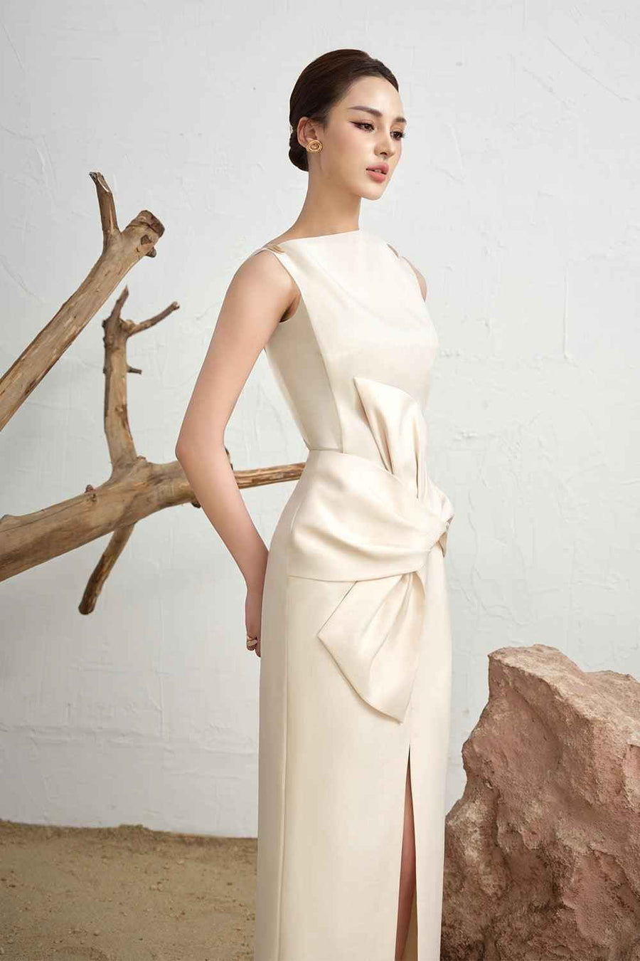 Alva Slit Boat Neck Twill Ankle Length Dress