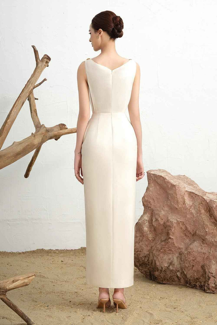 Alva Slit Boat Neck Twill Ankle Length Dress