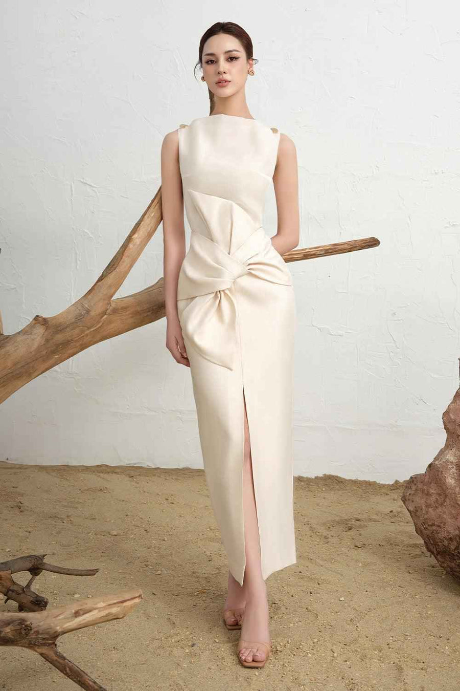 Alva Slit Boat Neck Twill Ankle Length Dress