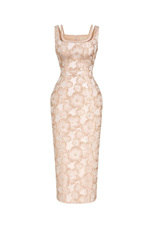 Amara Pegged Sleeveless Brocade Midi Dress