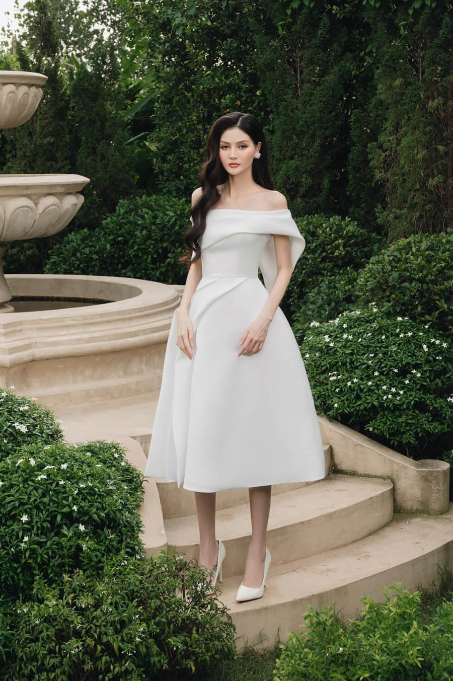 Amberly Fit and Flare Off-Shoulder Taffeta Below The Knee Dress Midi Dress Larmes