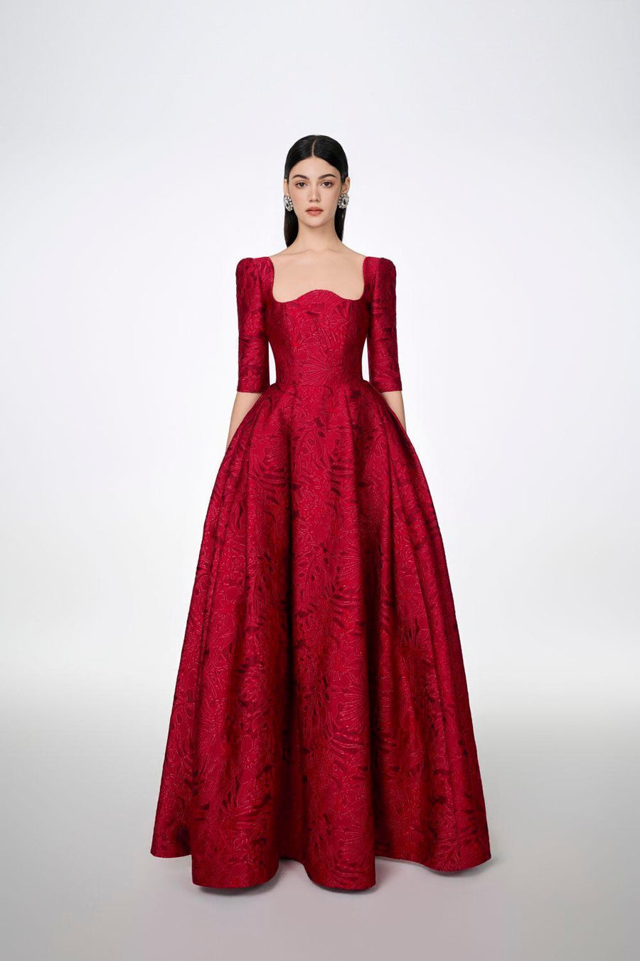 Amelia Ball Gown Curved Neck Brocade Maxi Dress 10