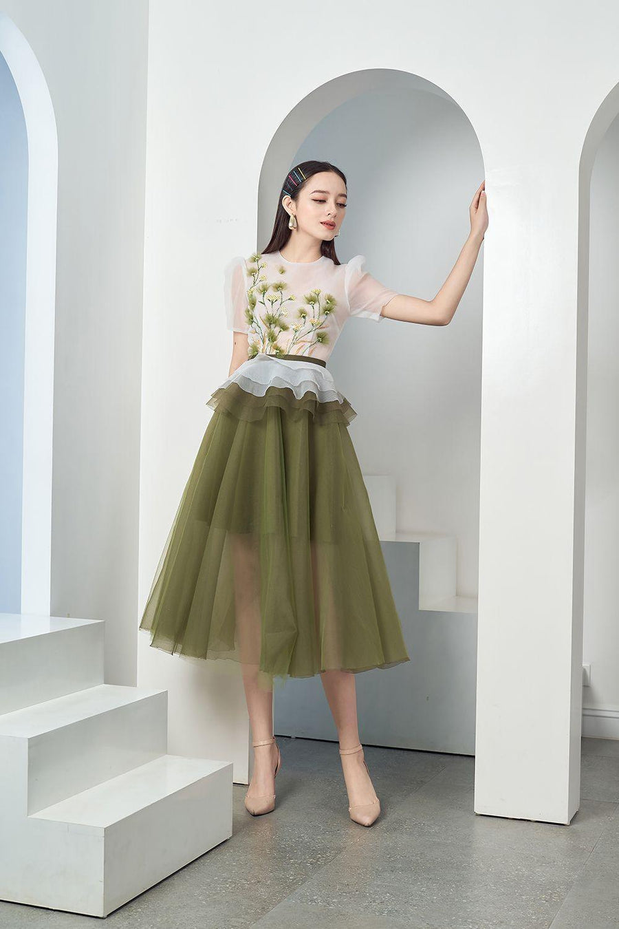 Amity Peplum Puffy Sleeved Organza Midi Dress 1