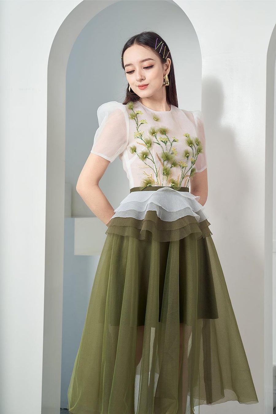 Amity Peplum Puffy Sleeved Organza Midi Dress 2