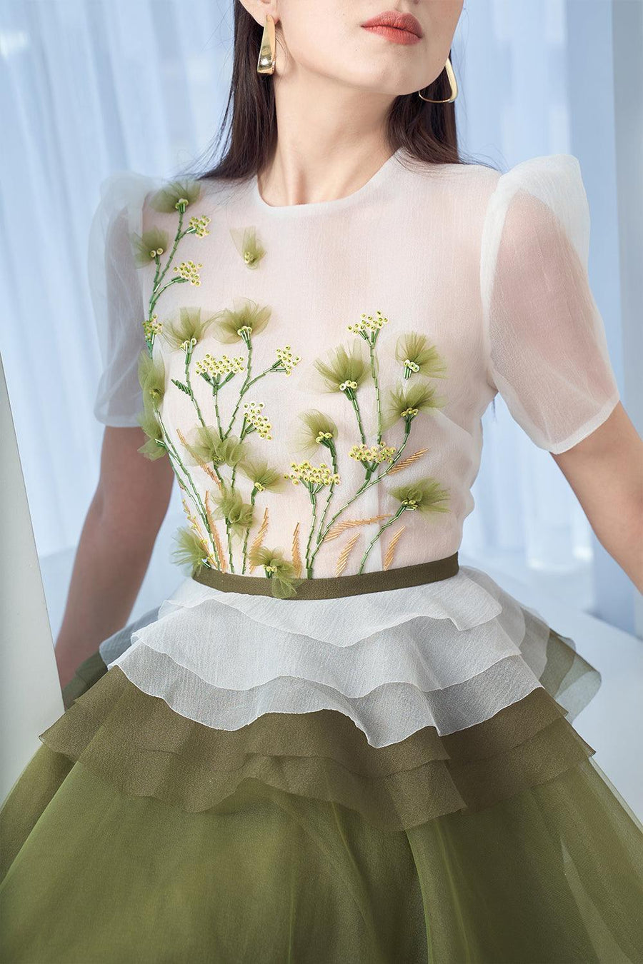 Amity Peplum Puffy Sleeved Organza Midi Dress 3