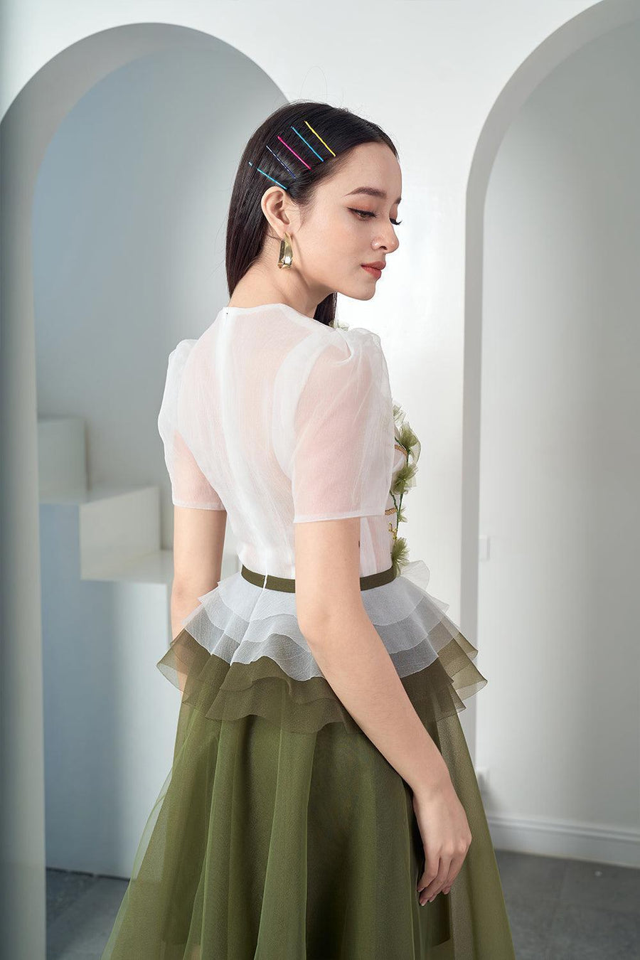 Amity Peplum Puffy Sleeved Organza Midi Dress 4