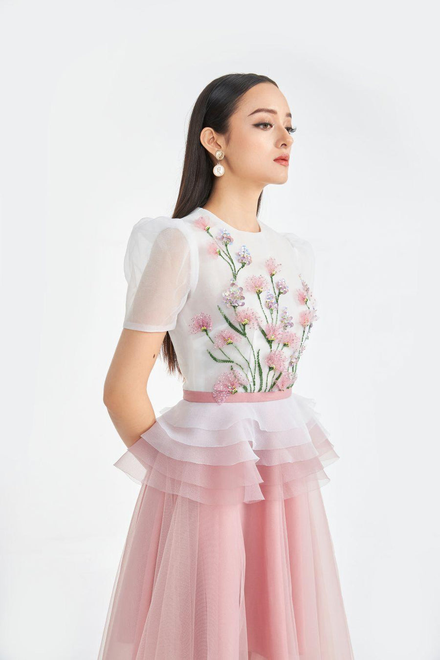 Amity Peplum Puffy Sleeved Organza Midi Dress 6