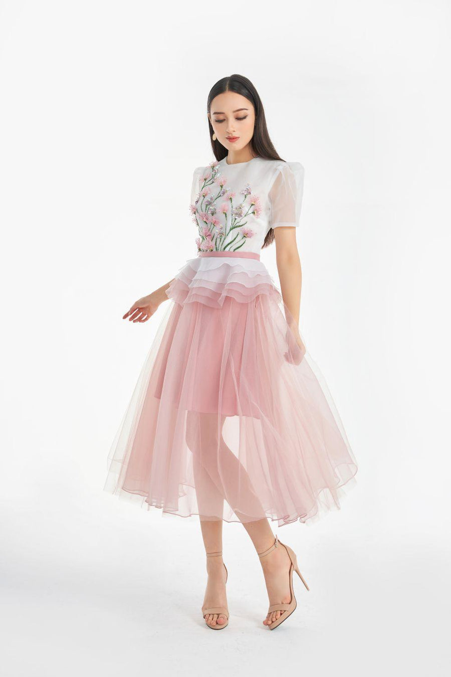 Amity Peplum Puffy Sleeved Organza Midi Dress 8