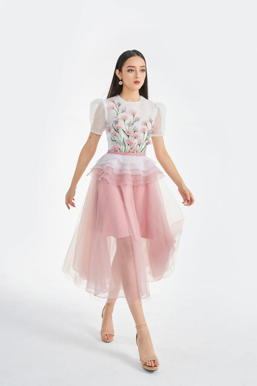 Amity Peplum Puffy Sleeved Organza Midi Dress 9