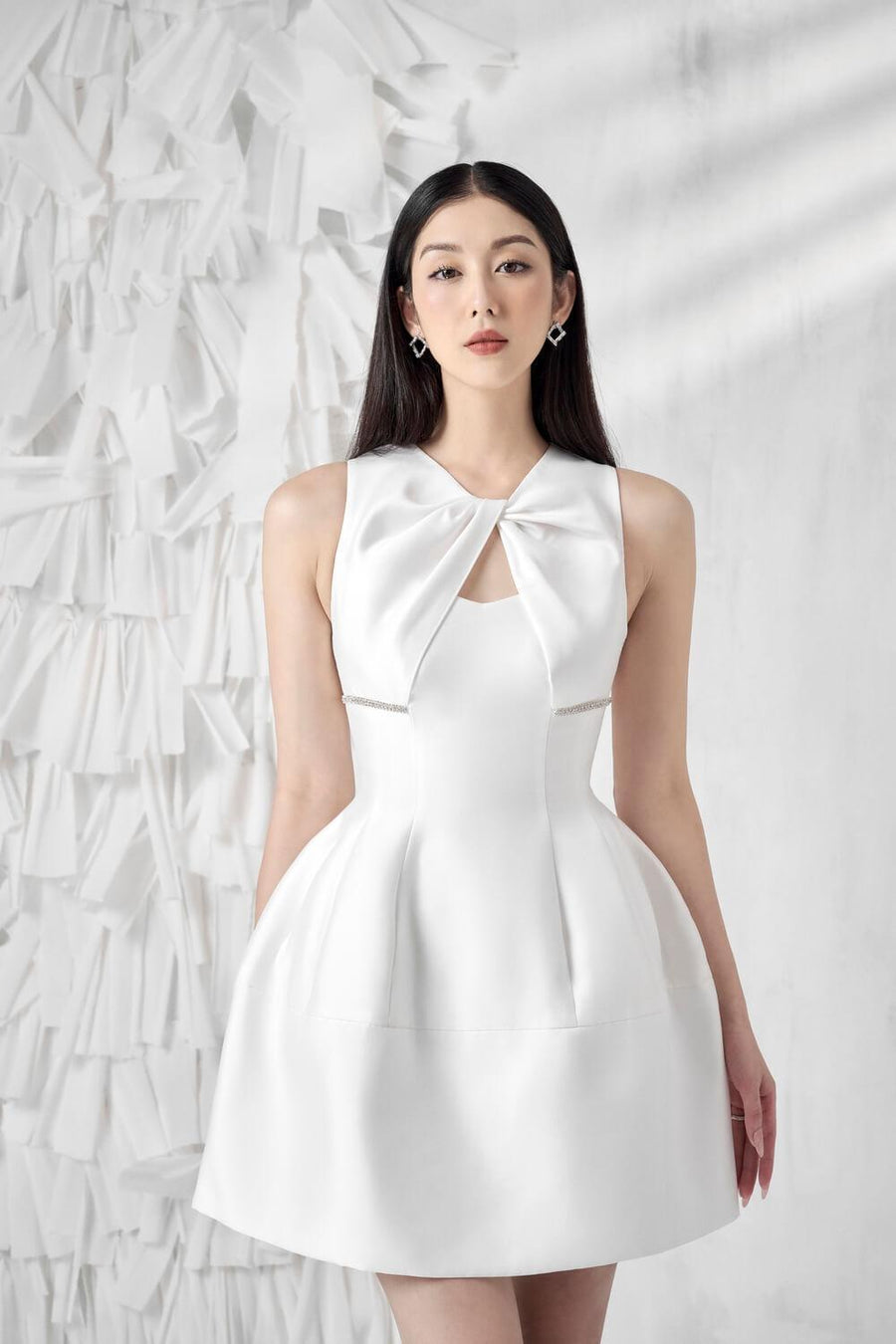 Amity Puffy V-Neck Silk Taffeta Mini Dress White Mini Dress Delicate