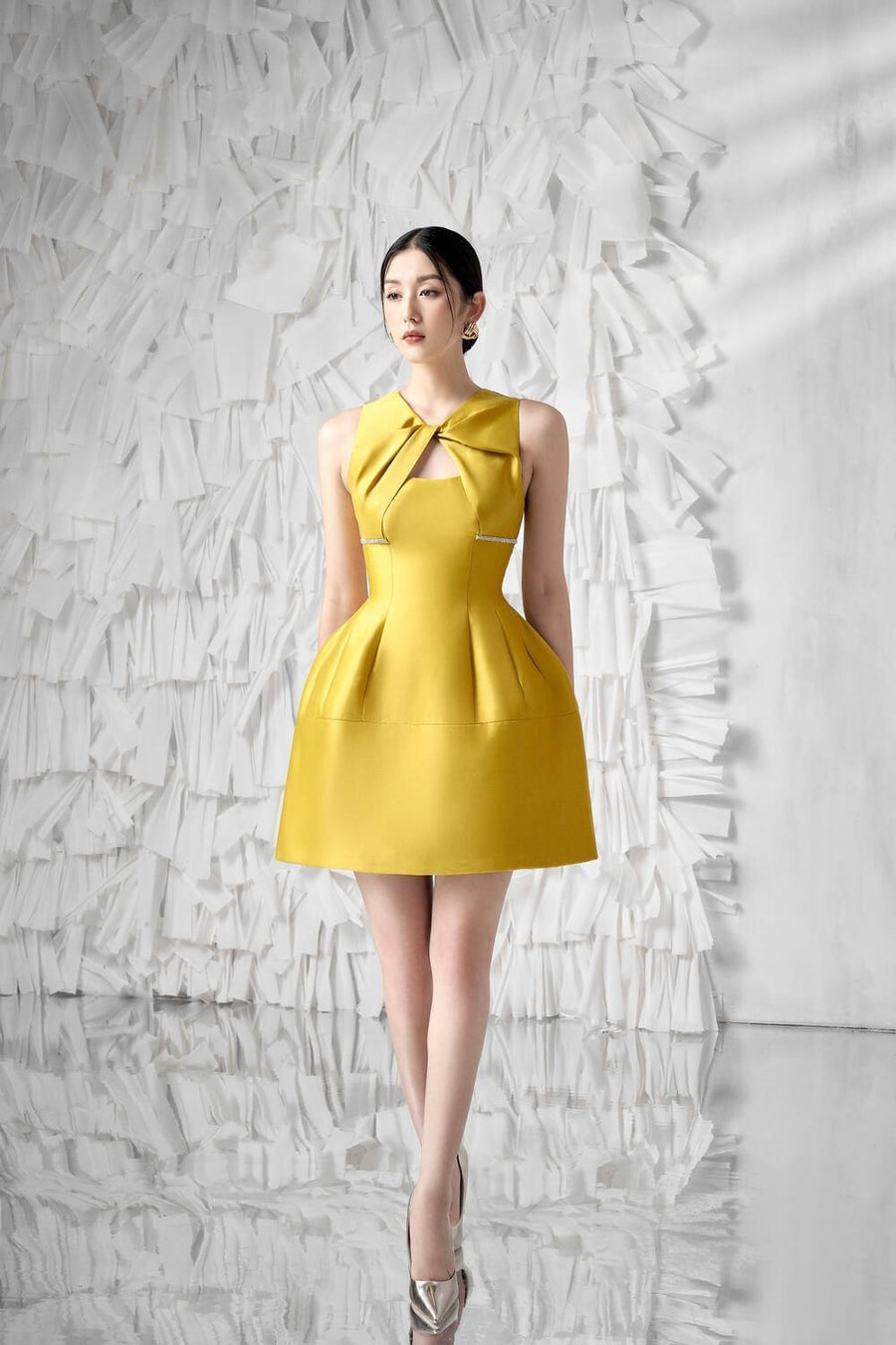 Amity Puffy V-Neck Silk Taffeta Mini Dress Mini Dress Delicate