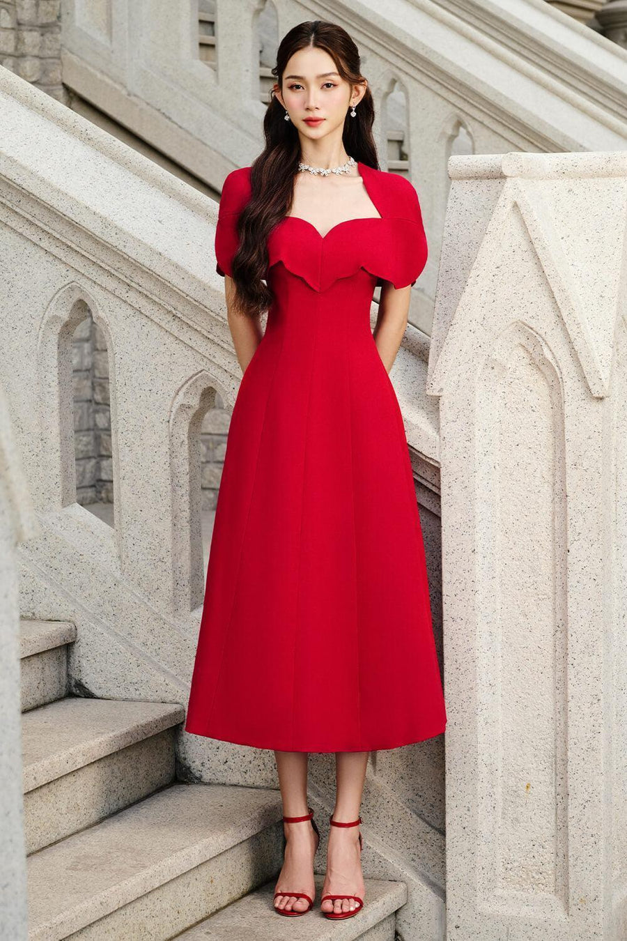 Amore A-line Queen Anne Neck Silk Crepe Midi Dress Midi Dress Larmes