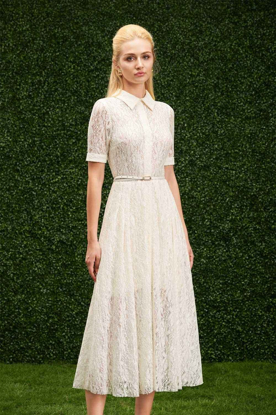 Andrea A-line Collared Neck Lace Midi Dress