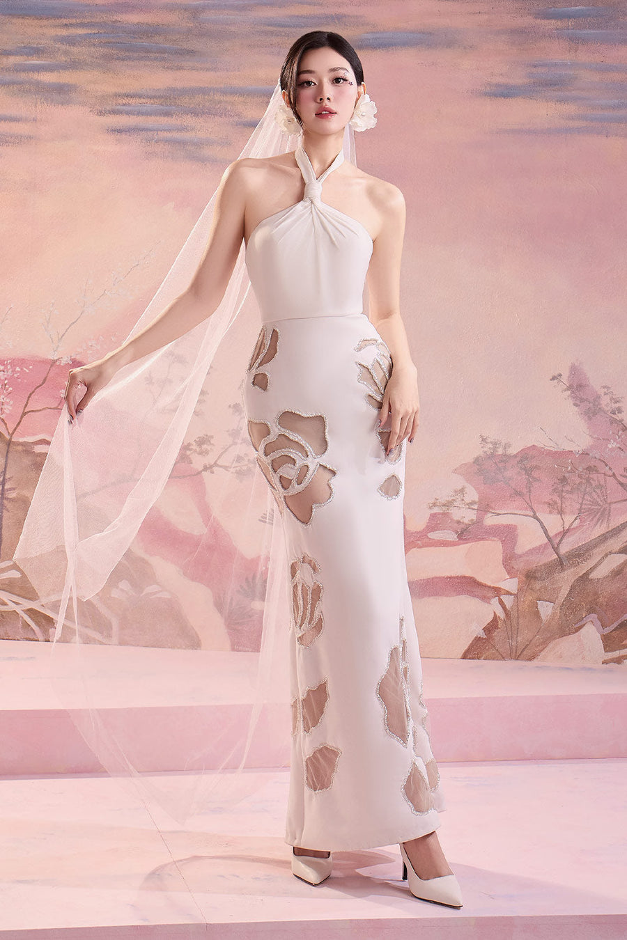 Hilary Trumpet Halter Neck Viscose Maxi Dress Gown Dress Angeletta