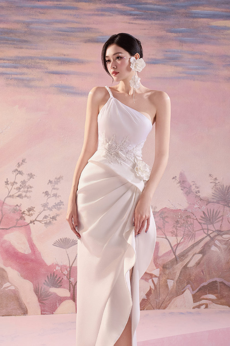 Calliope Slit One Shoulder Silk Midi Dress Midi Dress Angeletta
