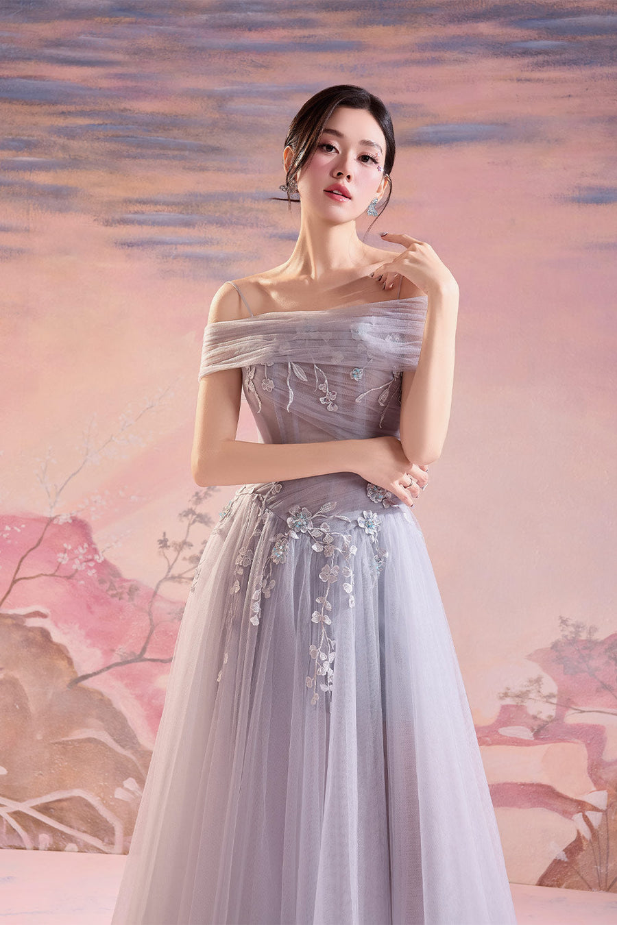 Daniel Fit and Flare Cold Shoulder Sleeved Mesh Silk Long Length Dress Gown Dress Angeletta