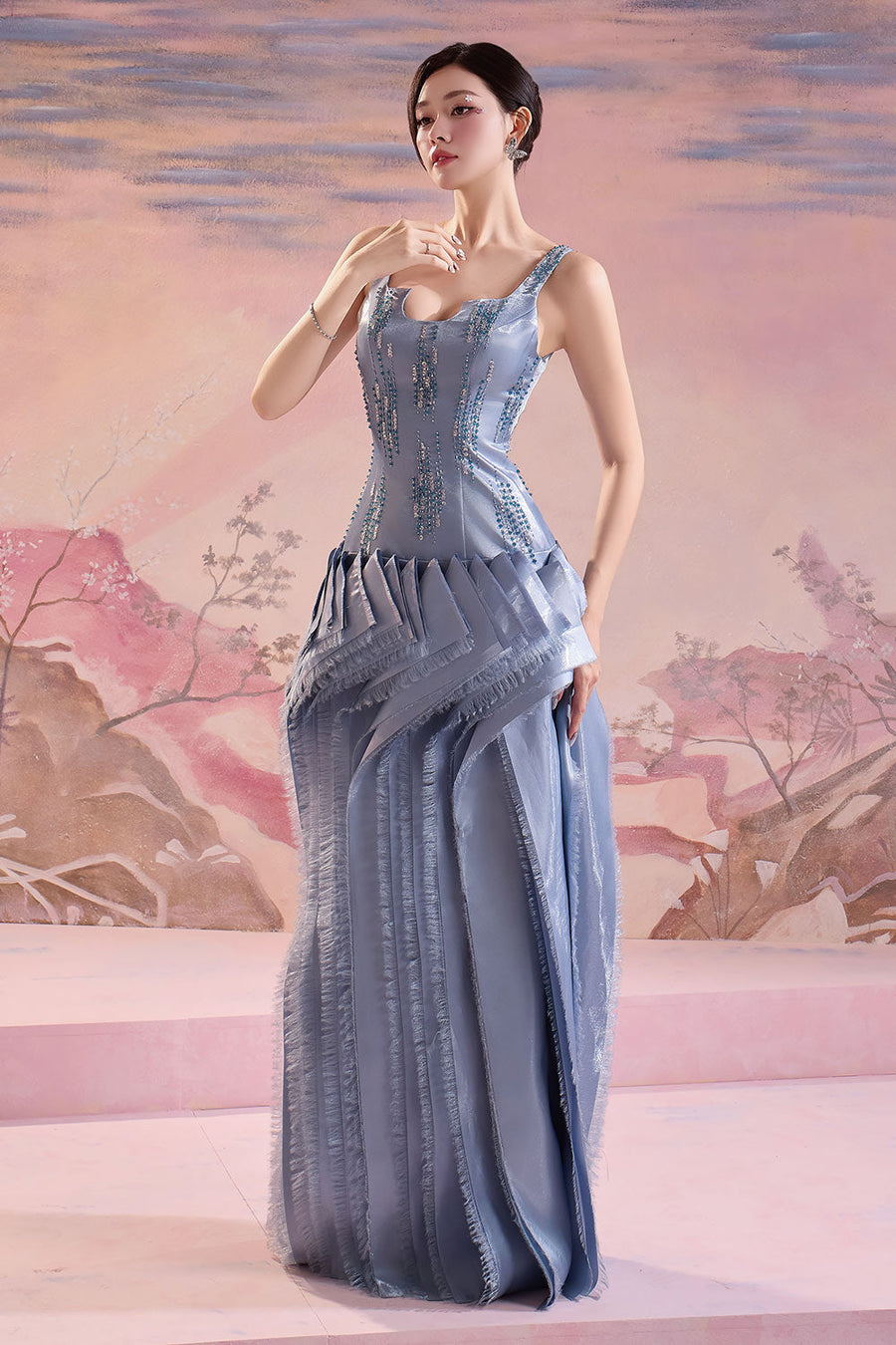 Ella Drop Waist Fringed Satin Floor Length Dress Maxi Dress Angeletta
